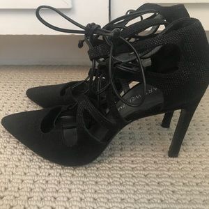 Stuart Weitzman Black Fabric Lace Up Stilettos